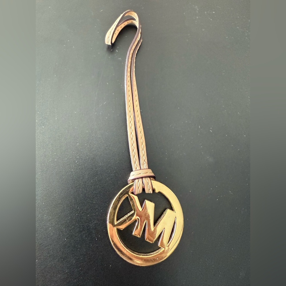 Michael Kors Gold Tone MK Logo Keychain with Tan Leather Strap - Picture 3 of 4
